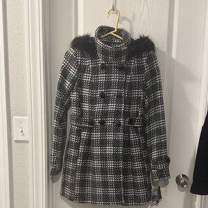 Iz Byer Black and White Checkered Pea Coat with Faux Fur